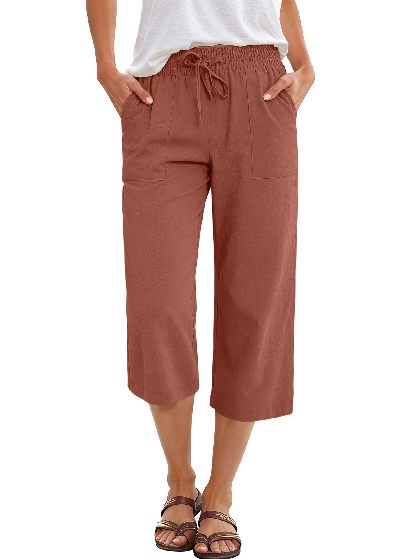 Wish Spring And Autumn European And American Women's Fashion Solid Color Cotton Linen Loose Drawstring Wide-Leg Casual Pants For Women — image 6 of 16