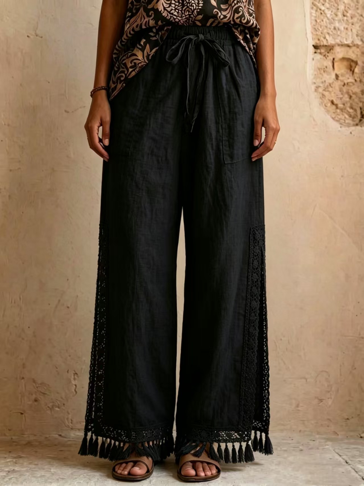 Women's lace tassel bohemian pants – camel colorway styled with blouse