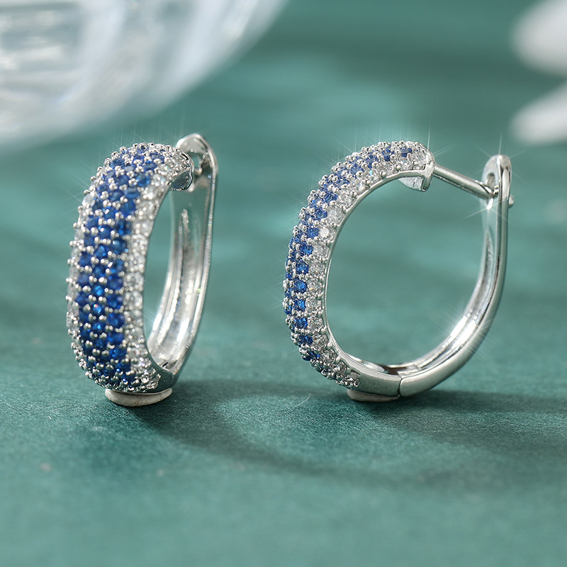 Blue Crystal Hoop Earrings Silver Tone Brass Women Sparkling Elegant Wedding Party Fashion Jewelry Versatile