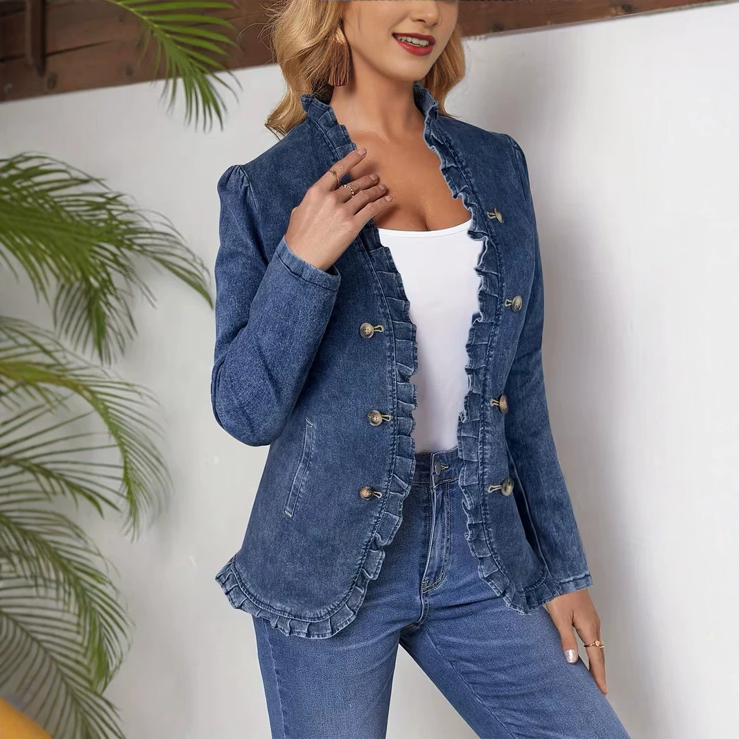 Cross-border European And American Style Dark Blue Ruffled Denim Jacket For Women, With A Lapel, Single-breasted, Long Sleeves, And A Fitted, Slimming Silhouette, In A French Style product image