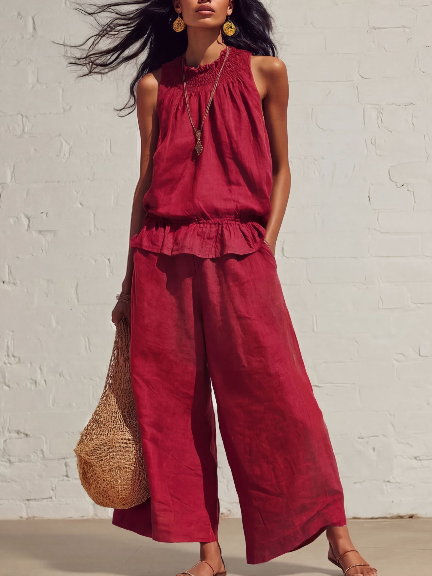Vintage Bohemian Ruffle Faux Linen Sleeveless Top