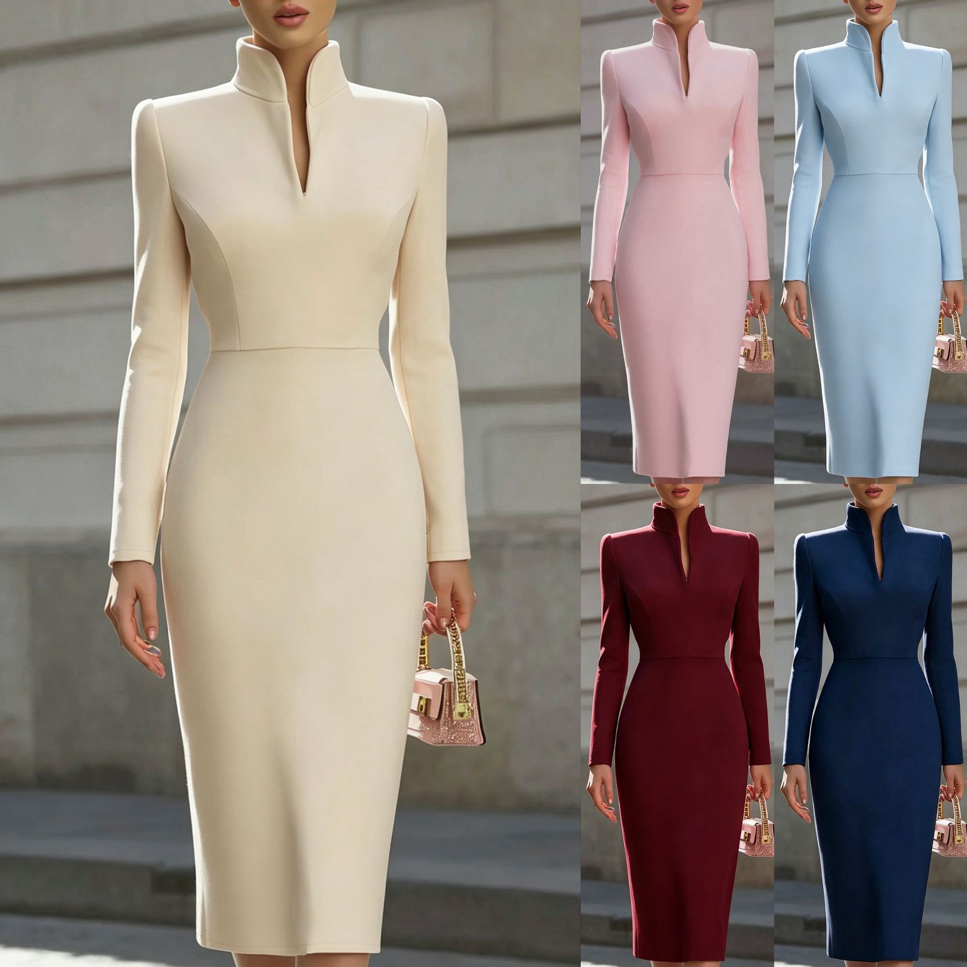 2026 Rochie europeană și americană Amazon New Style cu guler cu mânecă lungă Slim Fit Bodycon pentru femei, rochie elegantă de lungime medie