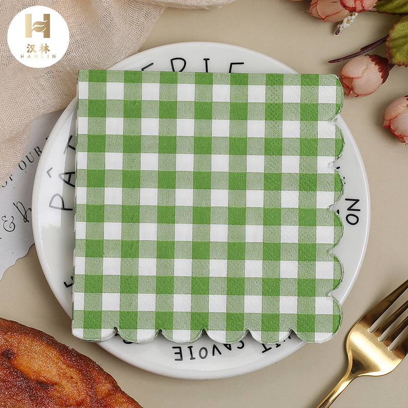 Cross Border Hot Selling Disposable Birthday Party Lace Green Checkered Napkin 25-25 Series Special-Shaped Napkin