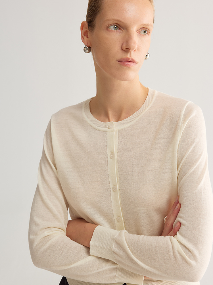 Worsted Wool Crewneck Knit Cardigan