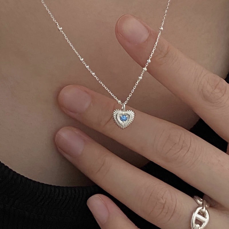 925 Sterling Silver South Korea Love Stripe Blue Zircon Necklace Women's Korean Style Simple Niche Design Peach Heart-shaped Clavicle Chain