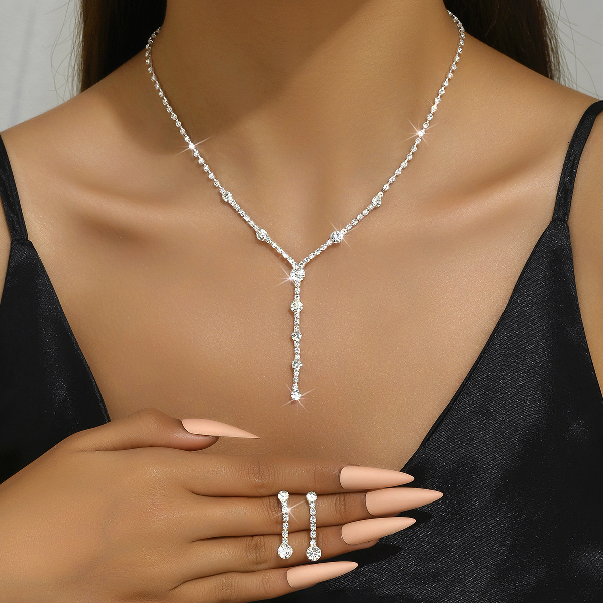 Autumn And Winter New Cross-border Set Jewelry Simple Water Diamond Women's Earrings Necklace Set Wedding Accessories Necklace