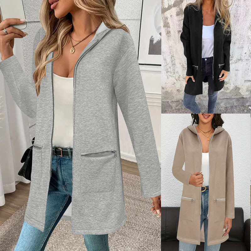 Women Long Hooded Cardigan Open Front Sleeve