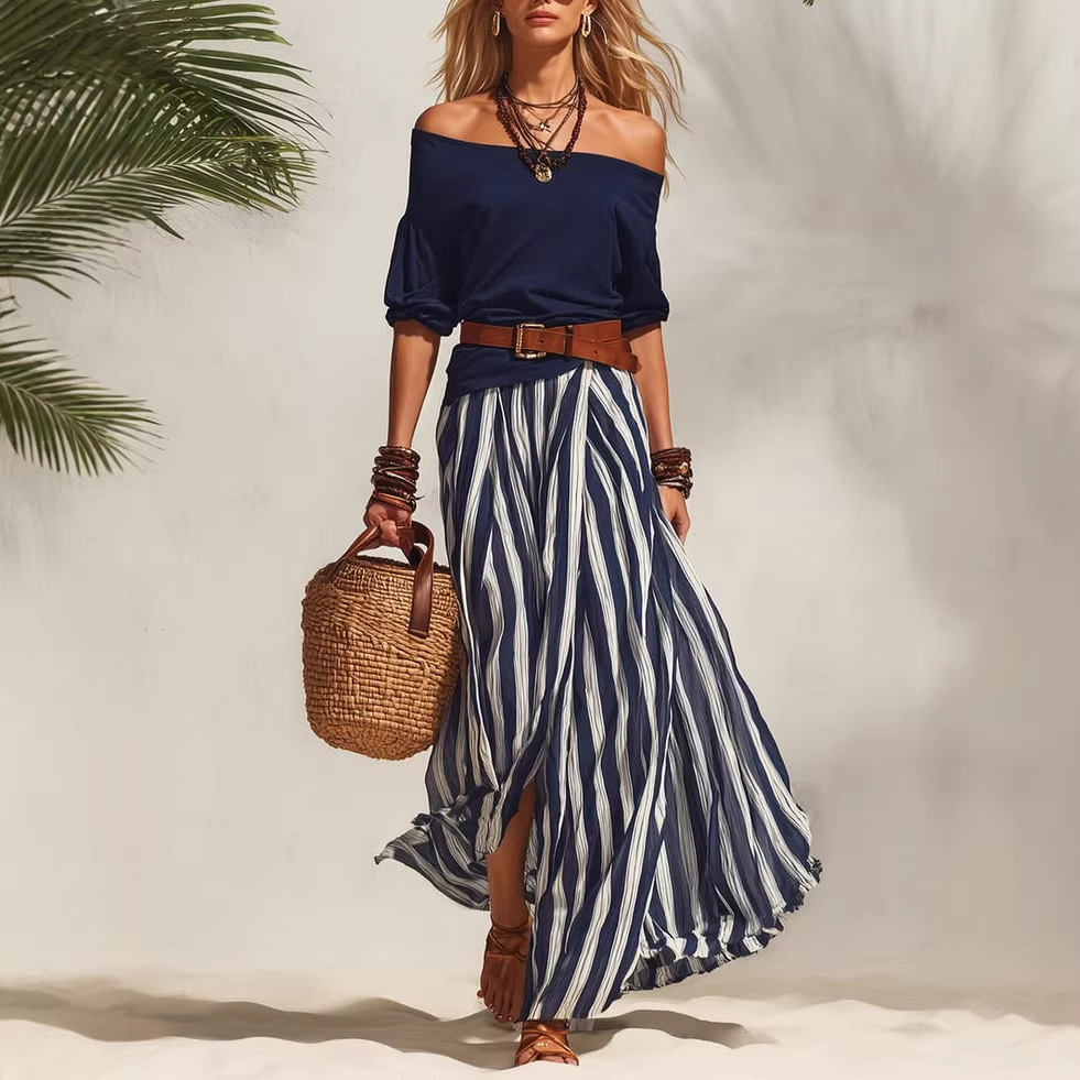 European And American Women's Popular One Shoulder Bubble Sleeve Top And Vertical Stripe Hanging Half Skirt Two Piece Set