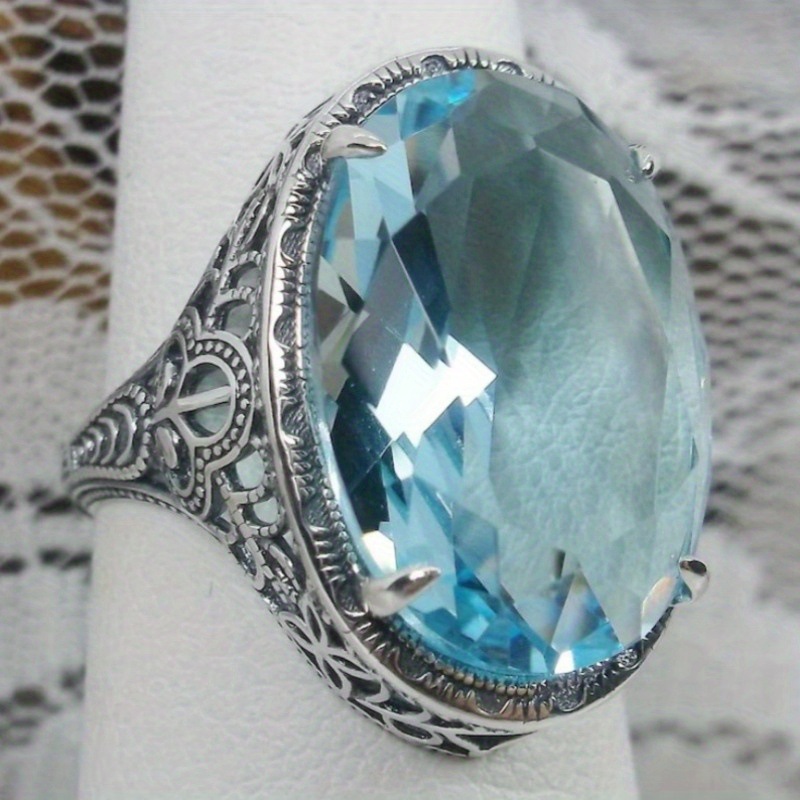 Vintage Oval Light Blue Crystal Ring Silver Tone Brass Women Statement Cocktail Party Fashion Jewelry