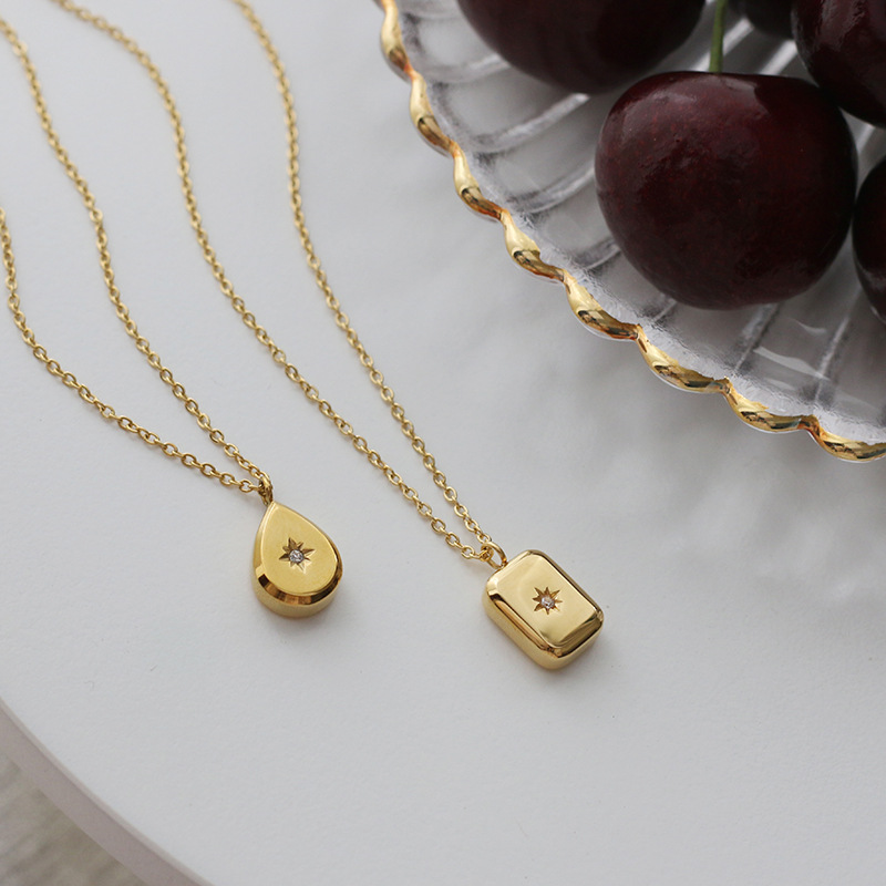 Paris French Stereo Water Drop Eight-Pointed Star Gemstone Square Brick Necklace Clavicle Chain Titanium Steel Plated With Gold Color Retention