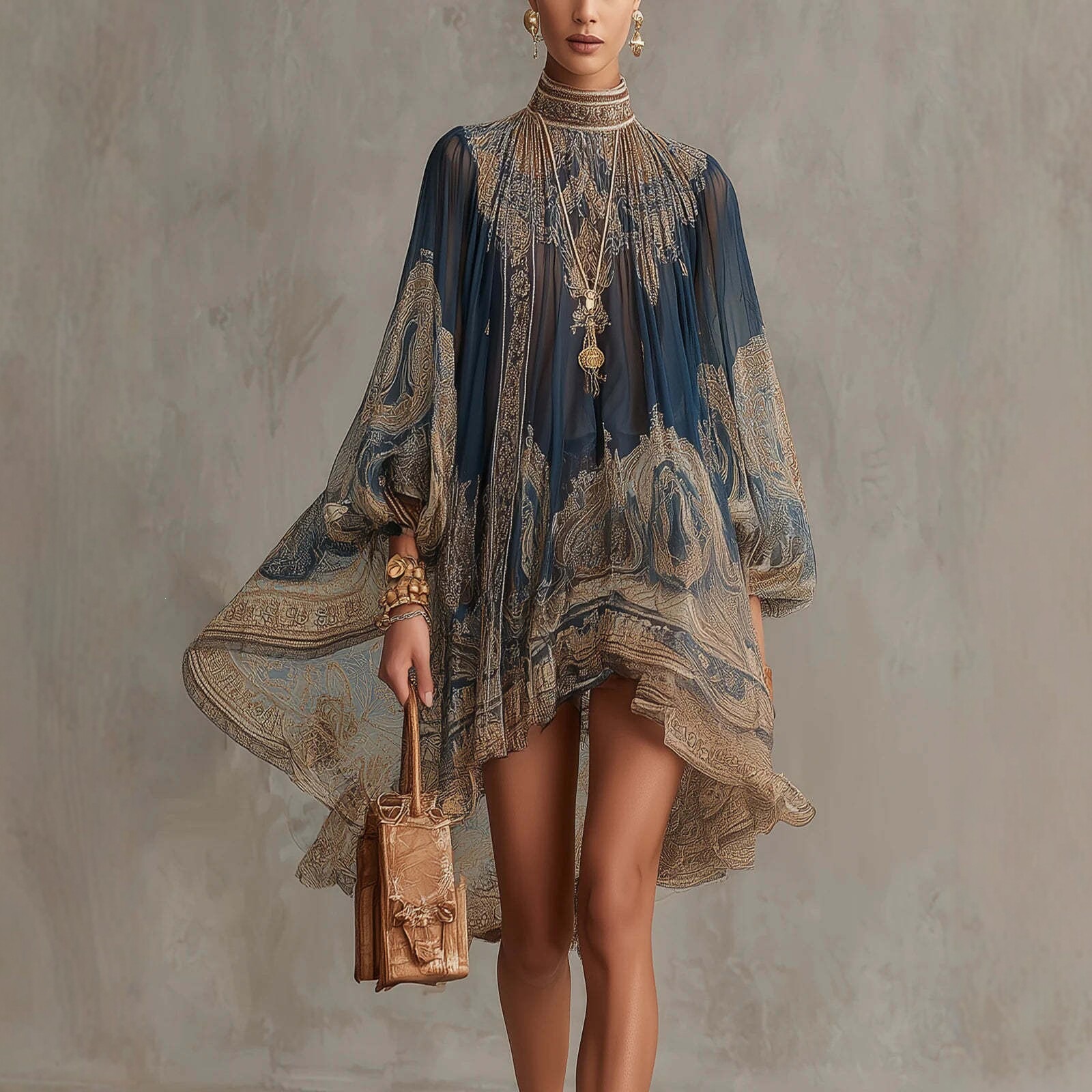 New European And American Style High-Neck Printed Chiffon Dress Loose Holiday Style Shawl Long-Sleeved Women's Dress