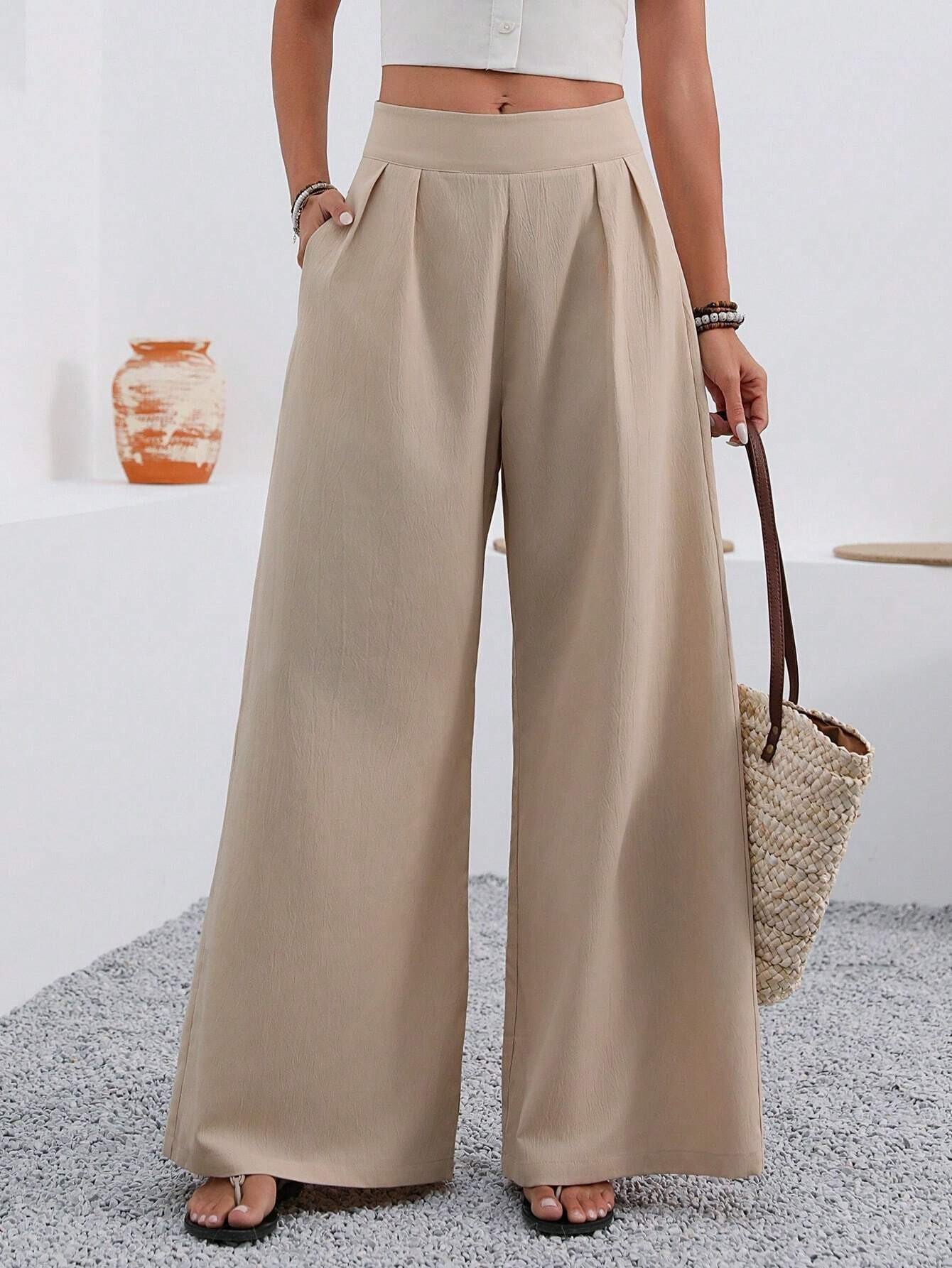 Pantalon large femme taille haute avec poches