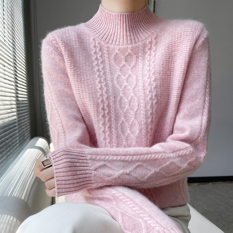 New Fall Winter Women Thick Knit Sweater, Mock Neck Cable Pattern Loose Fit Pullover, Casual Warm Basic Long Sleeve Underwear Top