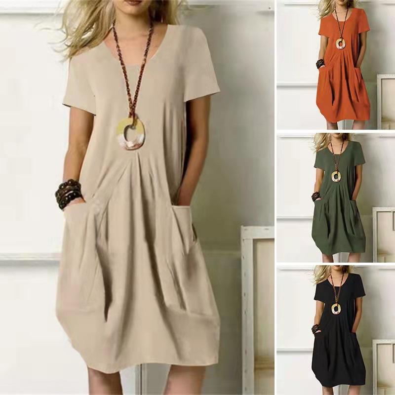 2026 Summer New Women's Hot Selling Cotton And Linen Solid Color Loose Round Neck Short Sleeved Dress