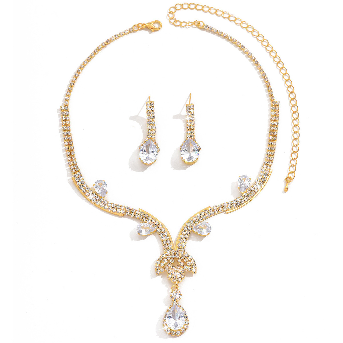 Cross-border Hot Water Drop Shape Zircon Necklace Earrings Two-piece Set Suitable For Banquet Party Dinner Wearing Suit