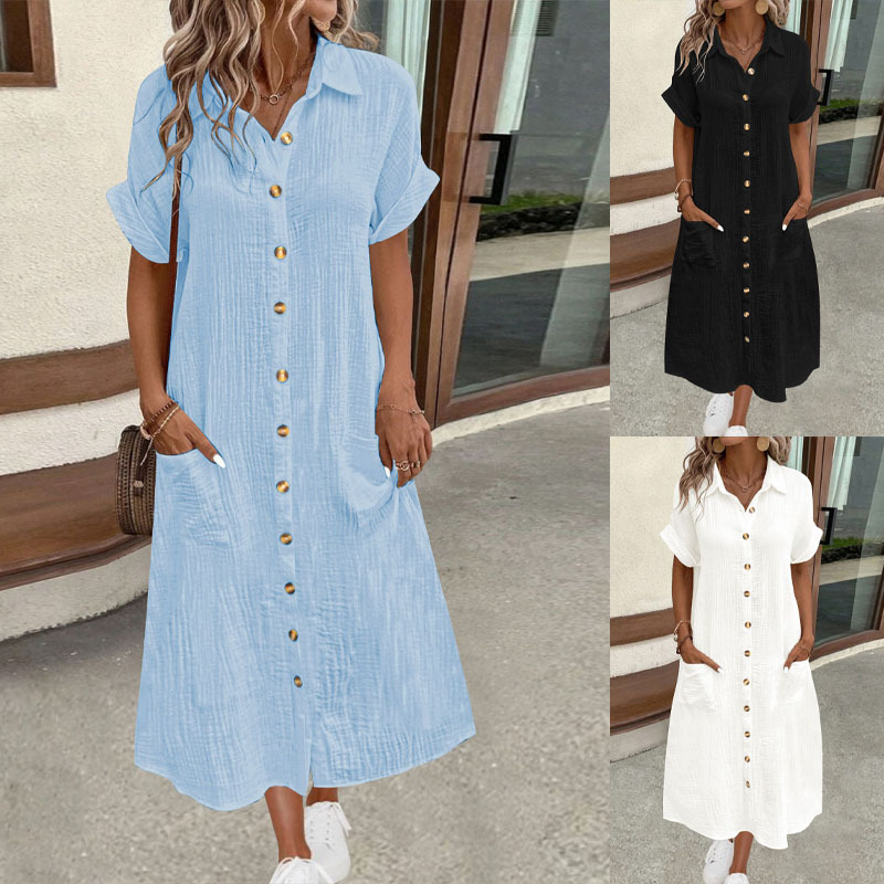 2025 Amazon Cross-Border Export Pure Color Shirt Dress Spring And Summer Fashionable And Comfortable Women's Short-Sleeved Long Shirt Dress
