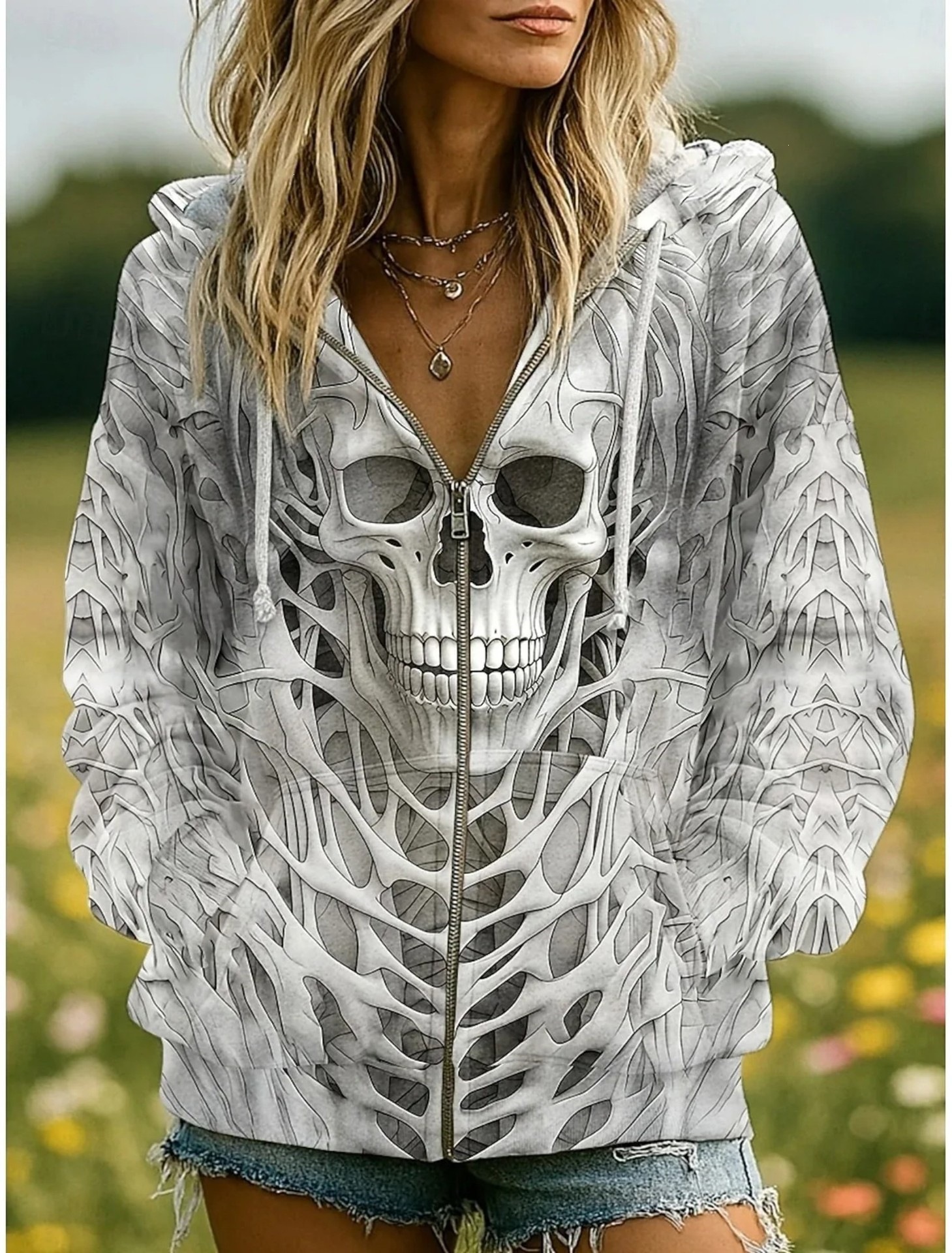 European And American Style Halloween Hooded Cardigan Women's Top Creative Skull Floral Wing Print Ladies Zip-Up Jacket