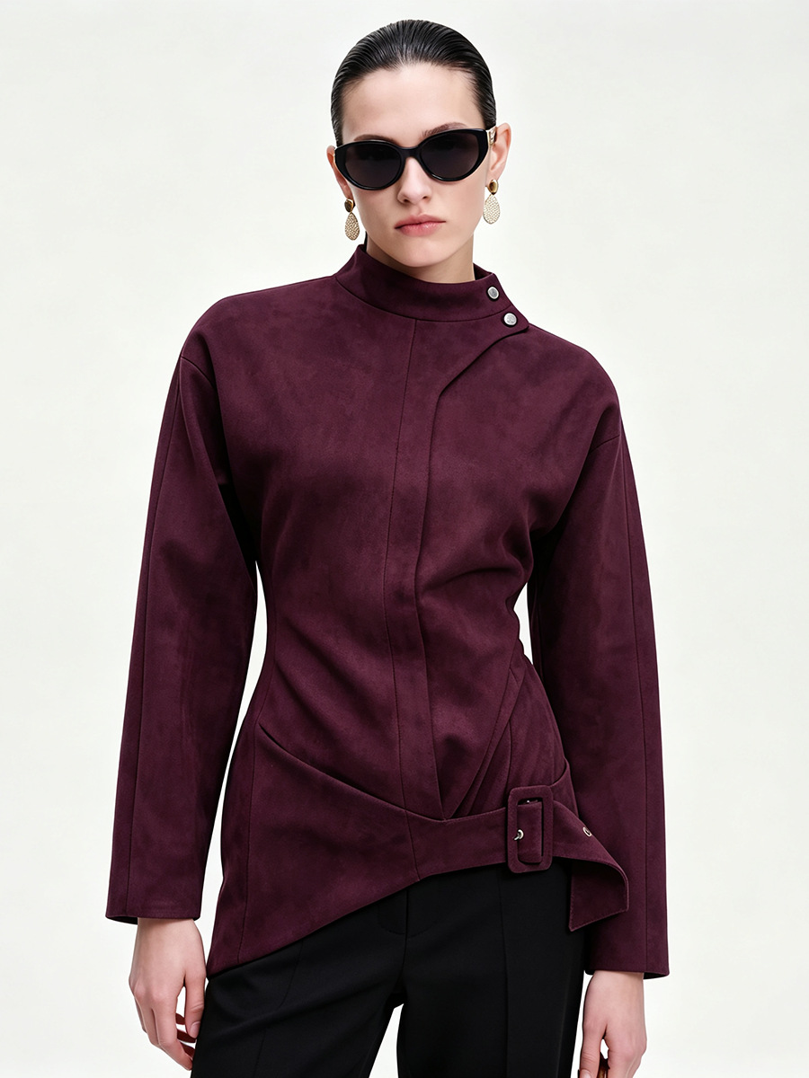 Asymmetric Buckle High-Neck Faux Suede Jacket