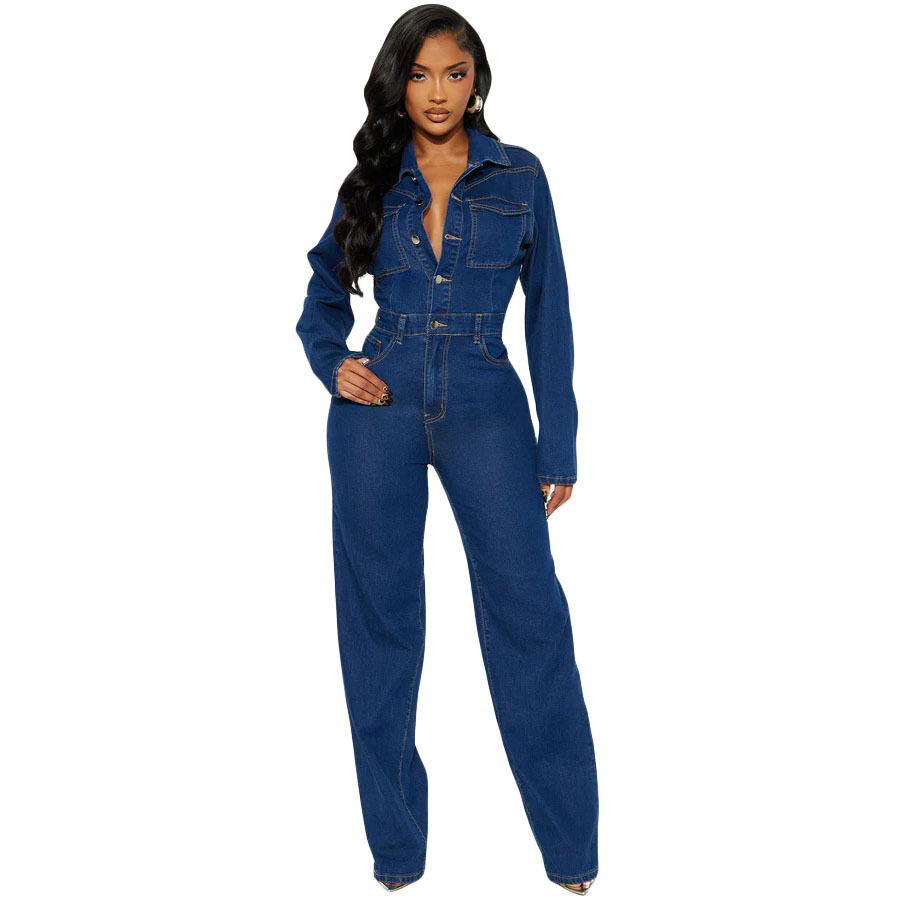 3587 Trade European And American Cross-Border Amazon Slim Stretch Flared Washed Long-Sleeve Denim Jumpsuit
