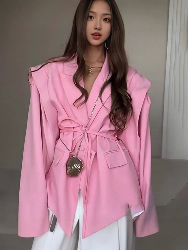 Amazon's 2025 Autumn And Winter New Cross-Border European And American Fashion Waist-Cinching Slimming Tie Loose Versatile V-Neck Jacket For Women