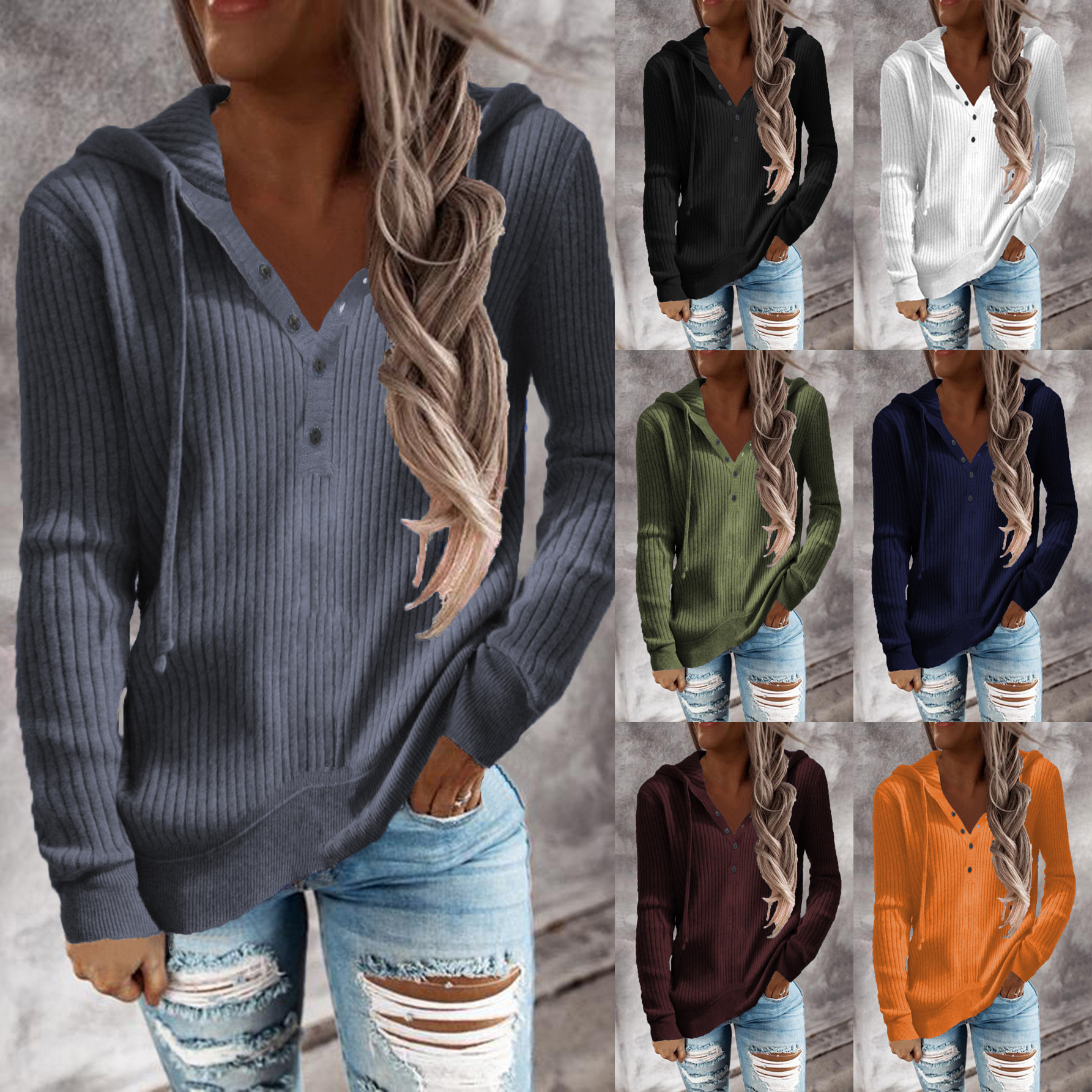 Women Ribbed Knit Hoodie Top Henley Half
