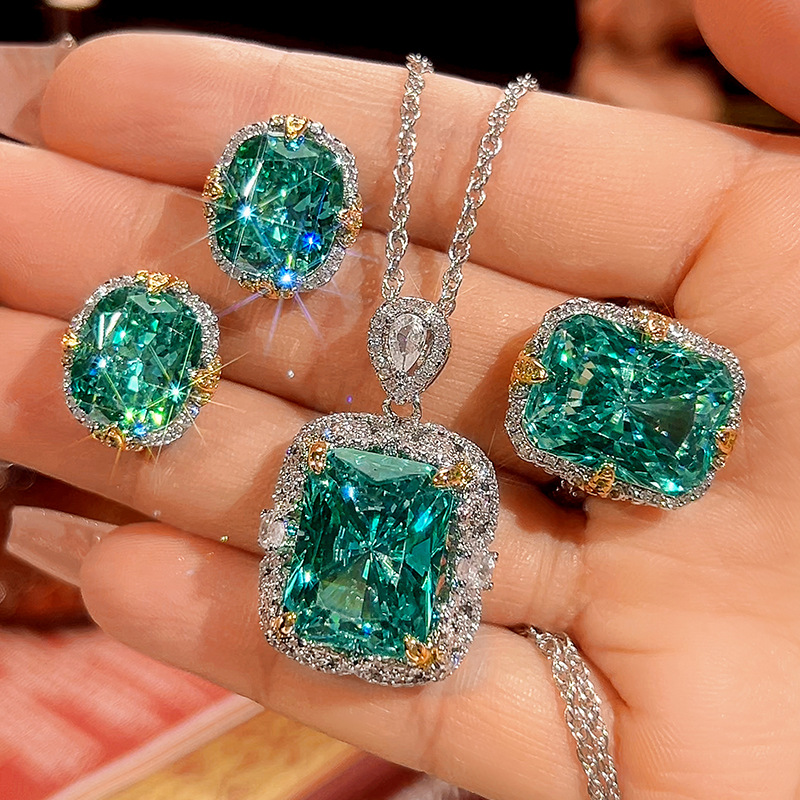 Women Simulated Emerald Cubic Zirconia Jewelry Set, Rectangle Gem Halo Inlaid Necklace Earrings Ring, European American Premium Texture Wedding Accessories