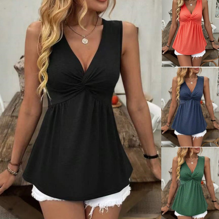 2026 European And American Sleeveless V-neck Design With A Twisted And Wrinkled Chest, Waist Cinching Vest, Women's T-shirt