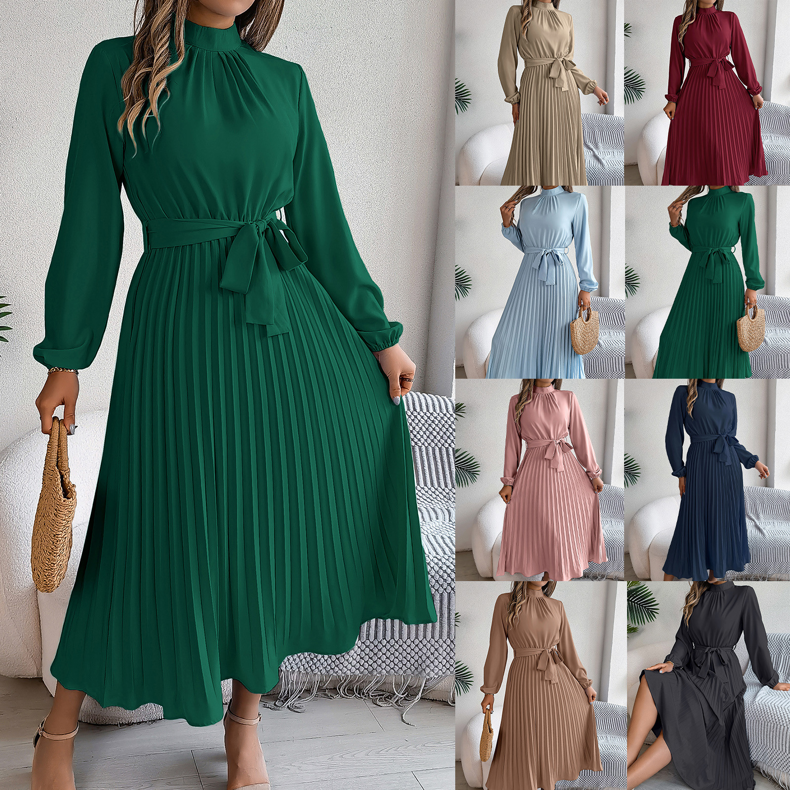 European And American Autumn And Winter Elegant Stand-Collar Long-Sleeve Waist-Cinching Pleated Long Dress Cocktail Dress Amazon Cross-Border Women's Clothing