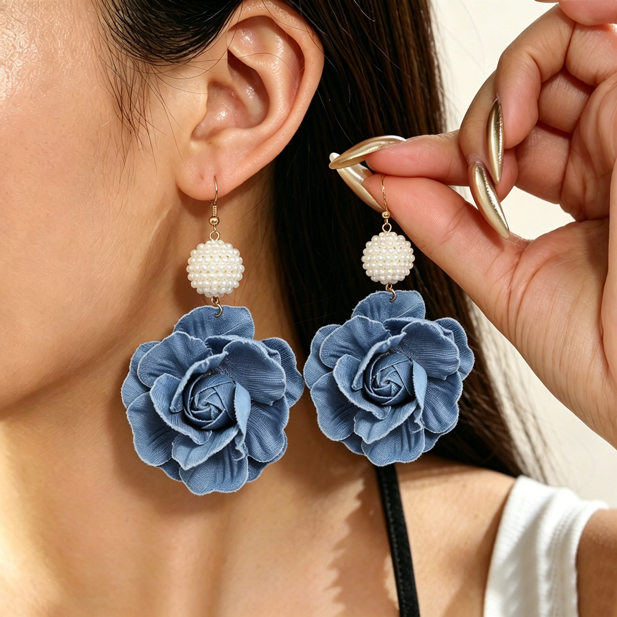European And American Cross-Border Style Jewelry, Personalized Floral Denim Design With Pearl Earrings, Versatile And High-End Earrings