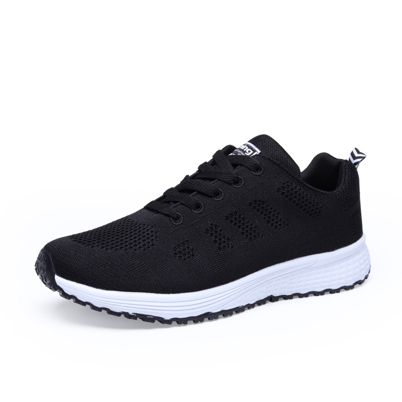 Fly Knit Sports Shoes For Women Breathable Mesh Casual Flat Bottom Lightweight Running Black Travel Shoes Small White Shoes