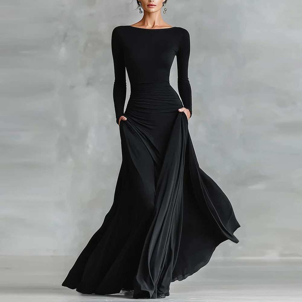 Independent Station European And American 2025 Cross-Border Autumn And Winter New Elegant Women's Clothing Pure Color Exquisite Wrap Boat Neck Waist Slimming Look