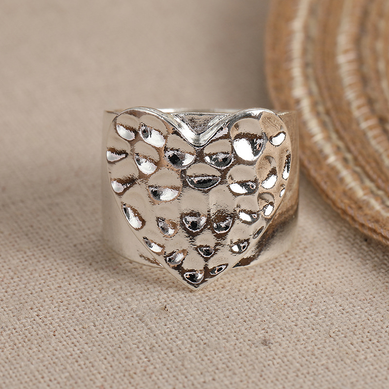 Modern Hammered Shield Ring Silver Tone Brass