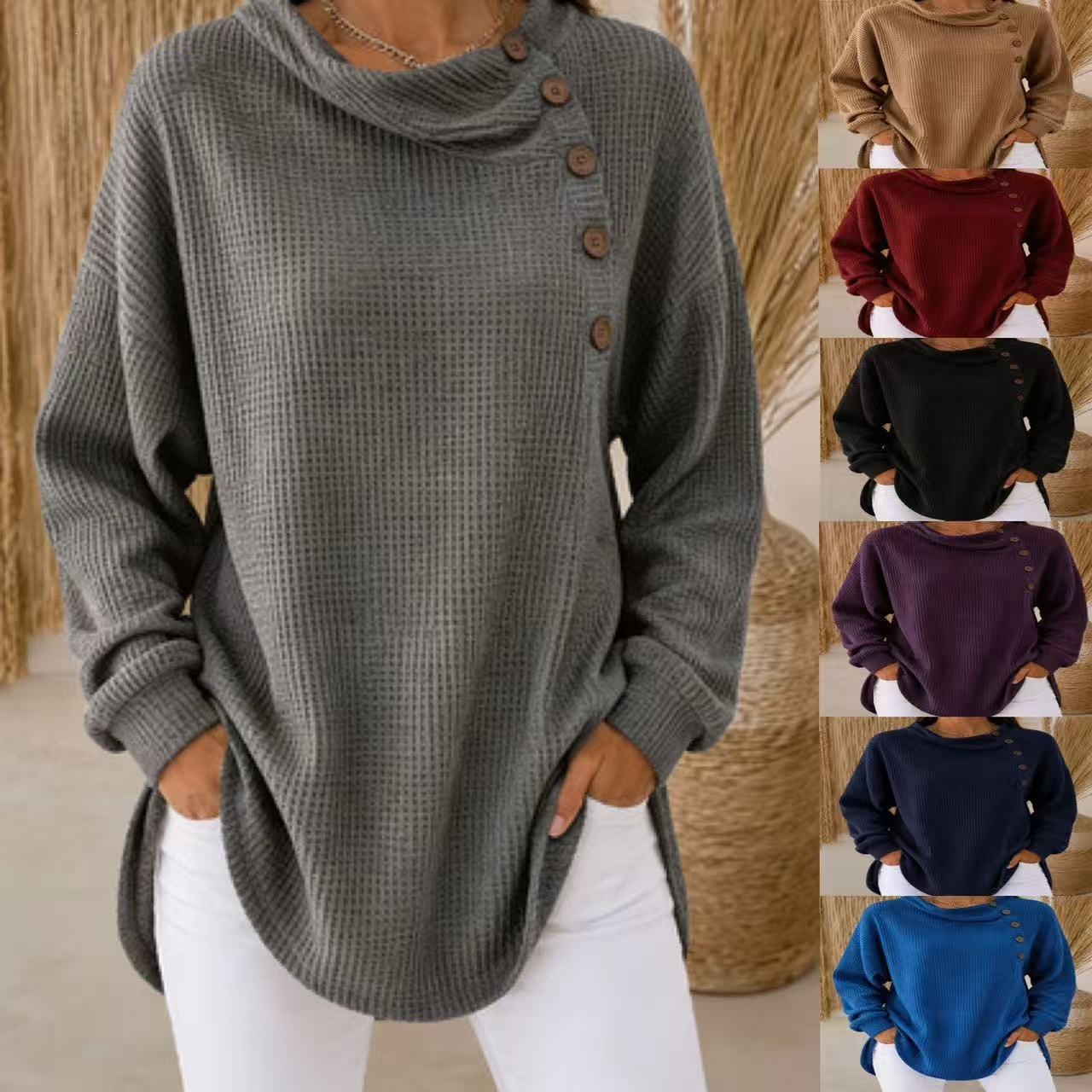 Women Solid Waffle Knit Pullover Tops Cowl Neck Asymmetric Button Decor Long Sleeve Loose Curved Hem Casual Shirts