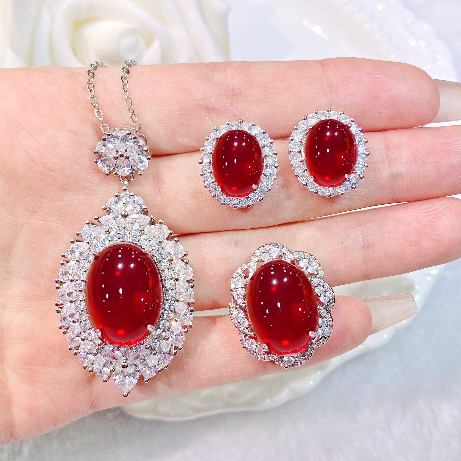 Cross-border New Glossy Simulation Pigeon Hemoglobin Set Exaggerated Pigeon Eggs Zircon Pendant Color Treasure Earrings Female Ring