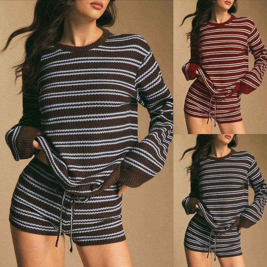 Cross-Border European And American Women's Clothing Amazon Autumn New Striped Long-Sleeve T-Shirt And Tie Shorts Casual Two-Piece Set