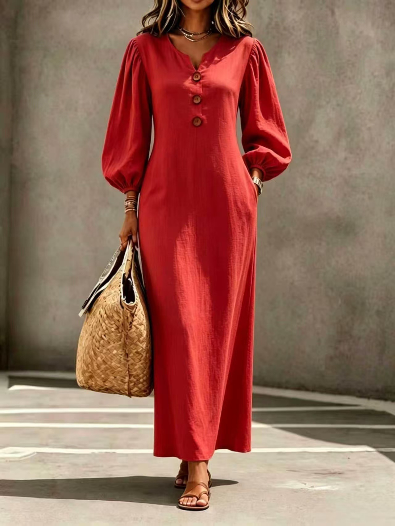 Women's European And American Style V-Neck Button Puff Sleeve Loose Casual Long Dress, Flattering And Belly-Covering, Perfect For Vacation