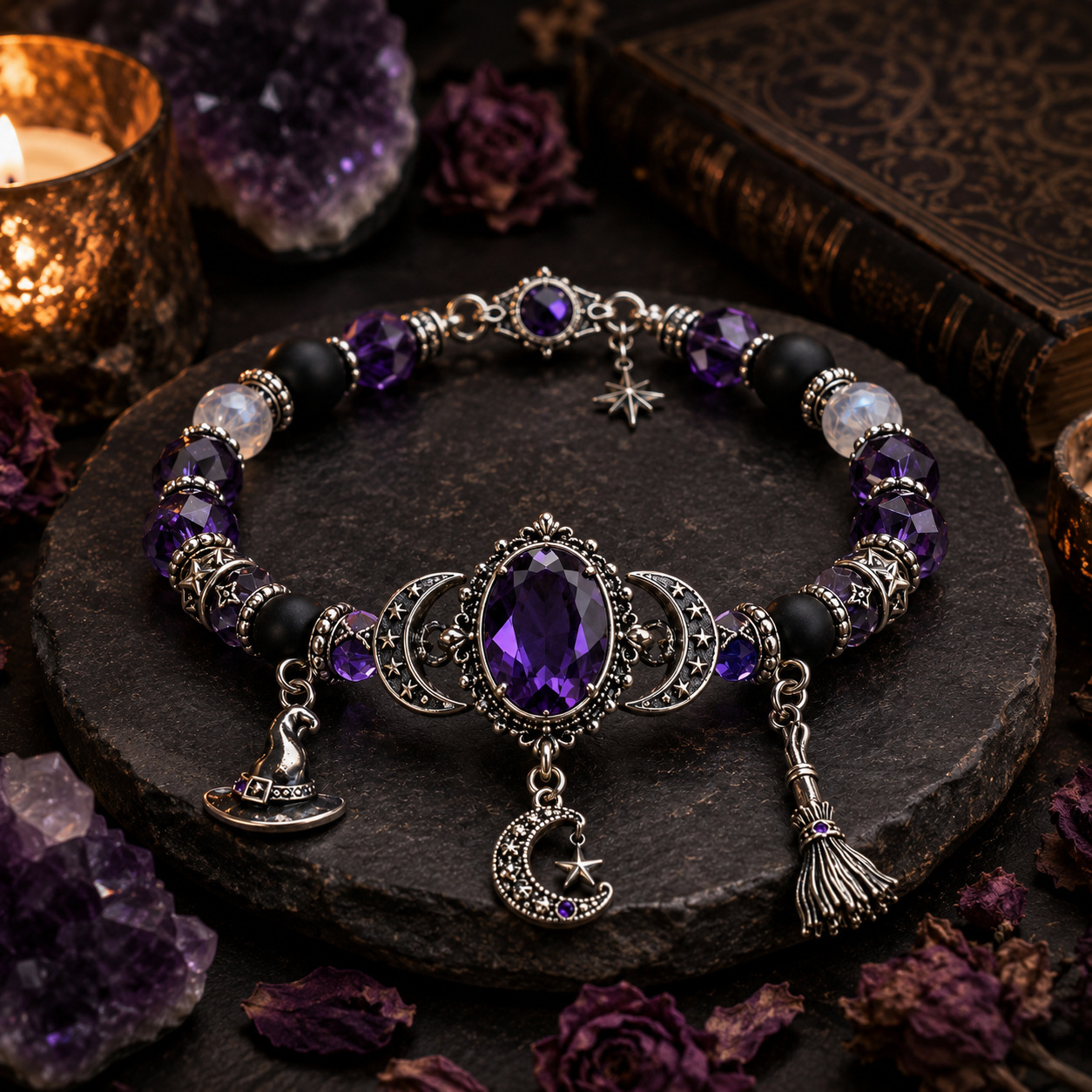 Halloween Witch Crystal Bracelet With Magic Broom And Moon Charms