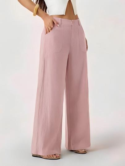 2026 New Style Women's Cotton Linen Wide Leg Pants, Mid Rise, Casual And Commuter Style, Solid Color With Pockets — image 10 of 17