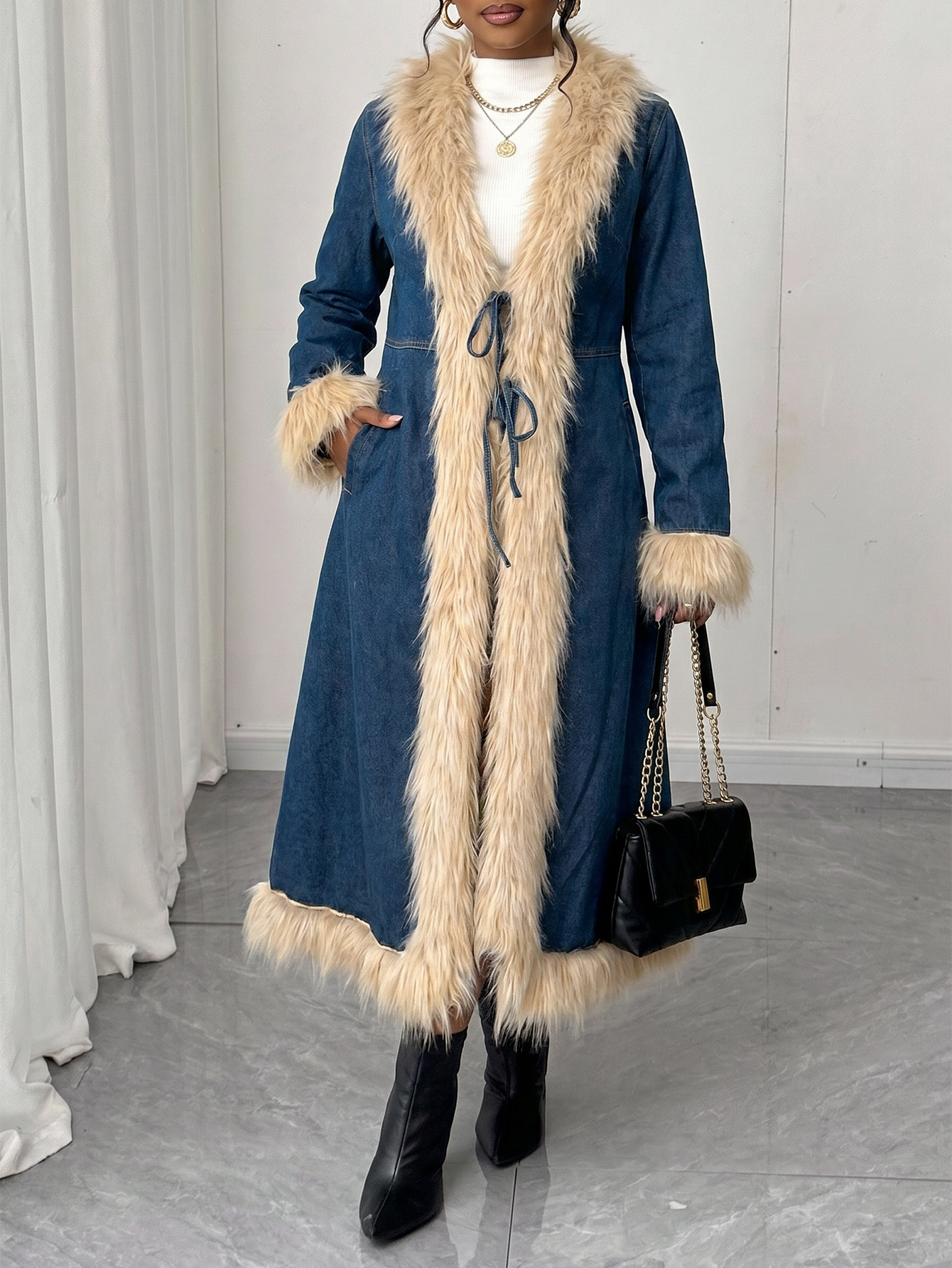 Faux Fur Trim Tie-Front Long Denim Coat