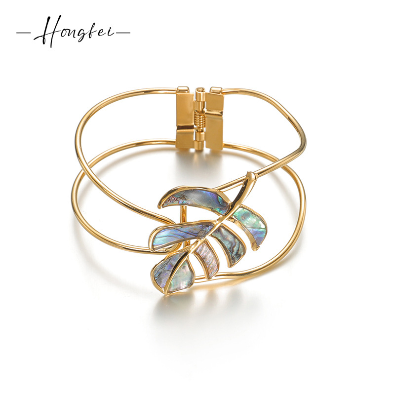 New Ins Style Personality Creative Wide Edition Hollow Leaf Snap Bracelet European and American 18K Gold Stainless Steel Versatile Jewelry