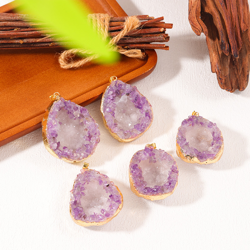 Natural Amethyst Pendant Gold-plated Edge Amethyst Necklace Crystal Cluster Original Stone Pendant Pendant Amazon