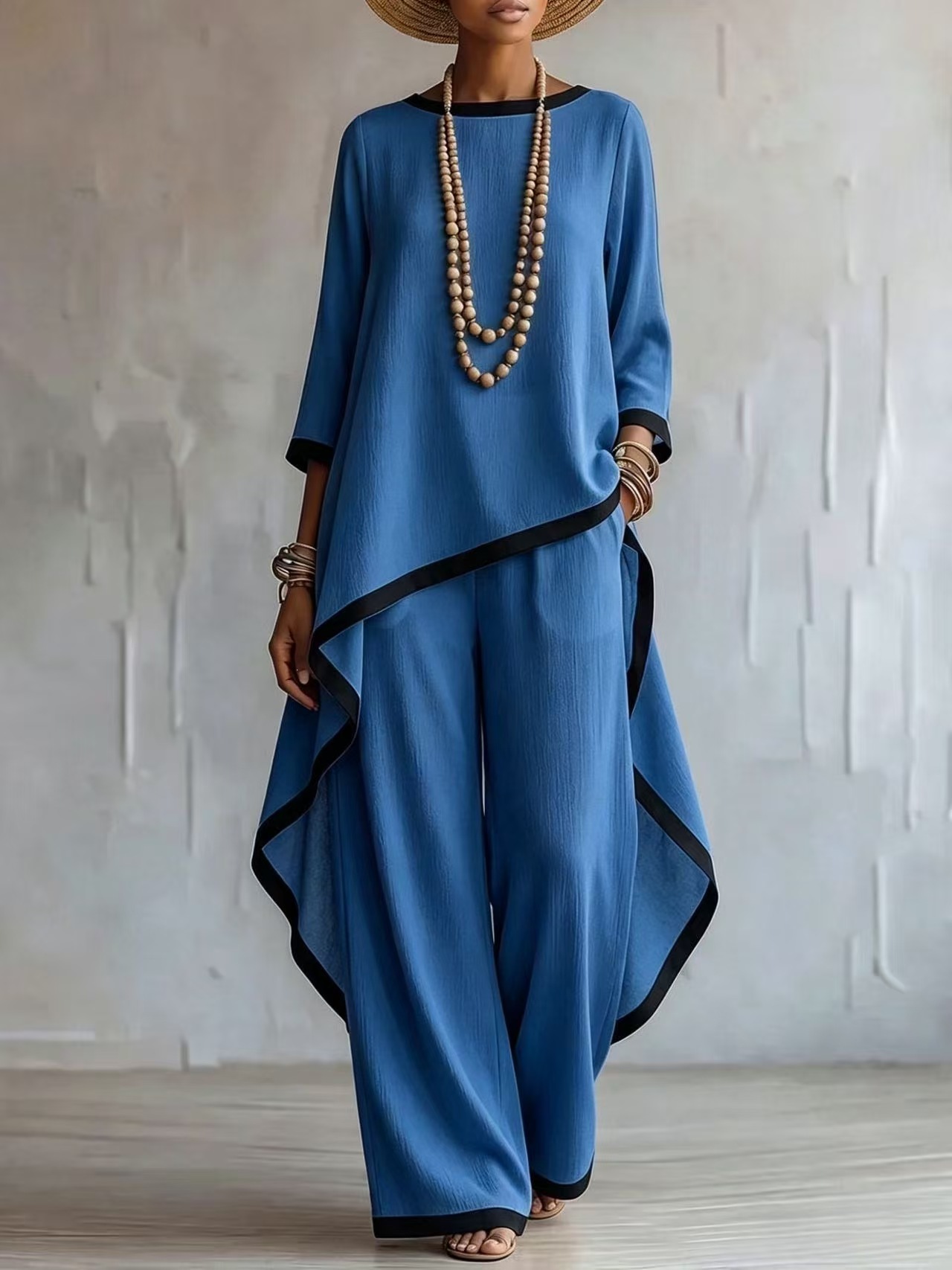 European And American Cross-Border New Style Old Money Style Cotton And Linen Irregular Design Long-Sleeve Blouse And Wide-Leg Pants Two-Piece Women's Set