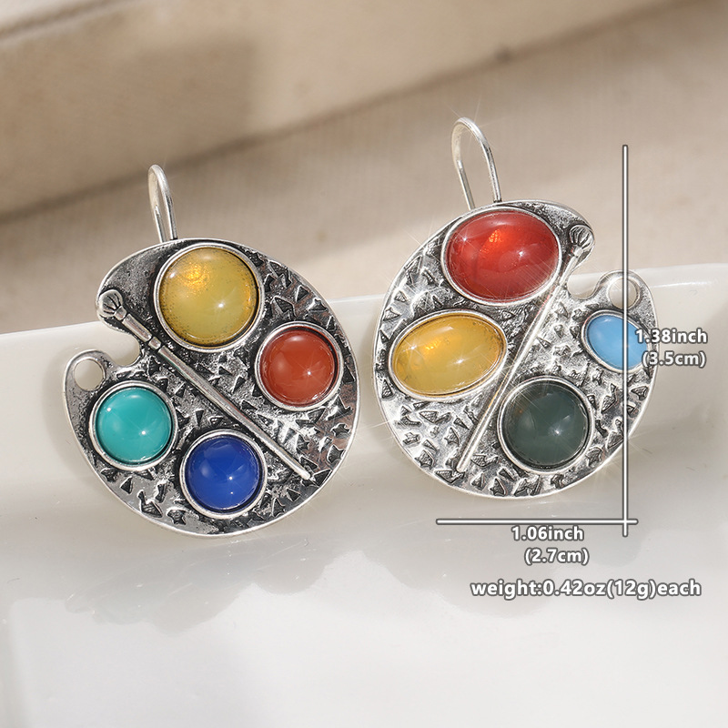 Vintage Colorful Stone Drop Earrings Silver Tone