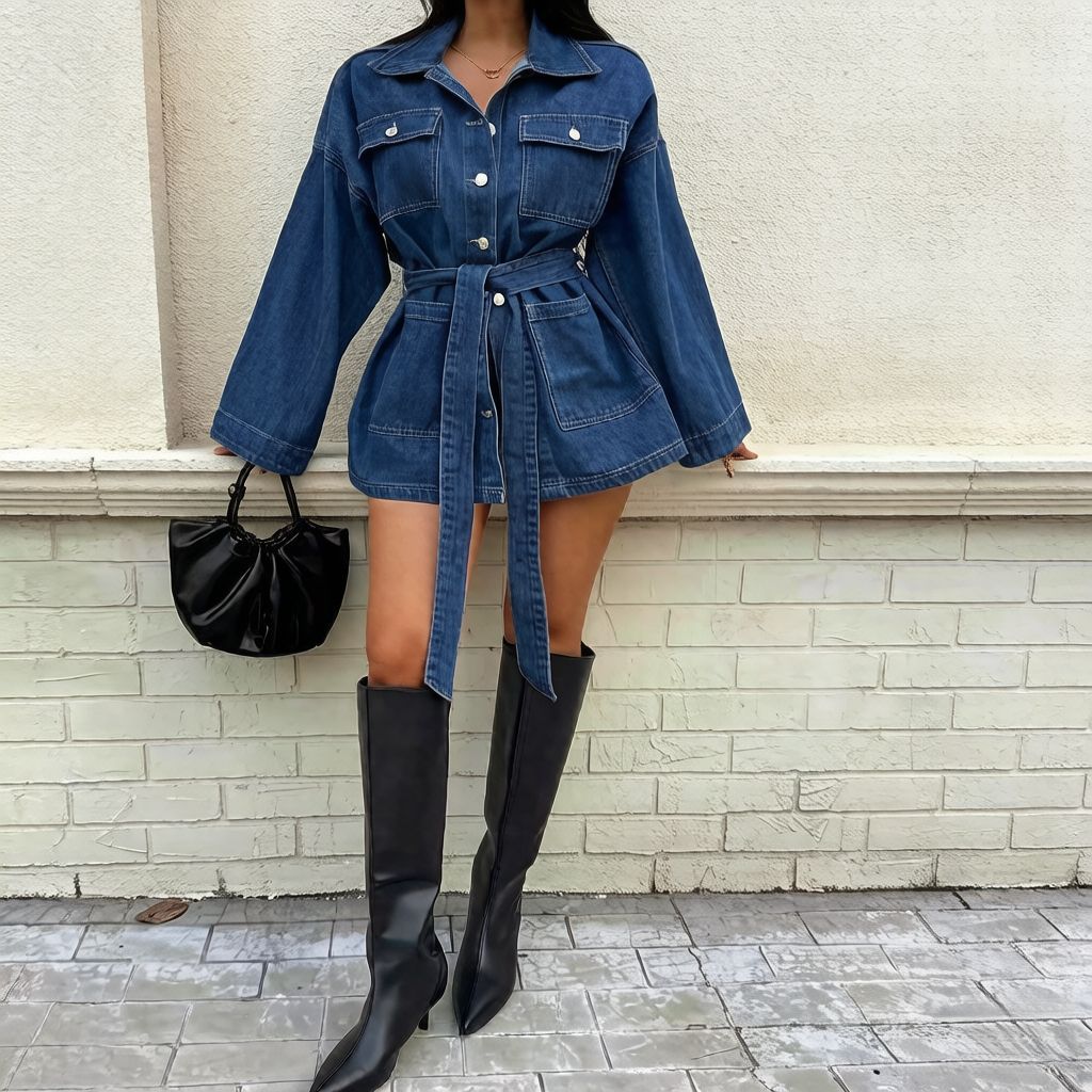 European And American Style Denim Dress For Women, Dark Blue, Lace-up, Long-sleeved, Collared, Waist-cinching, Short Shirt Dress, Y2K Hot Gi