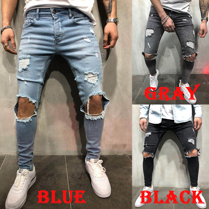 European And American Jeans New Ripped Slim Men's Trousers Cross-border European And American Station Men's Skinny Pants