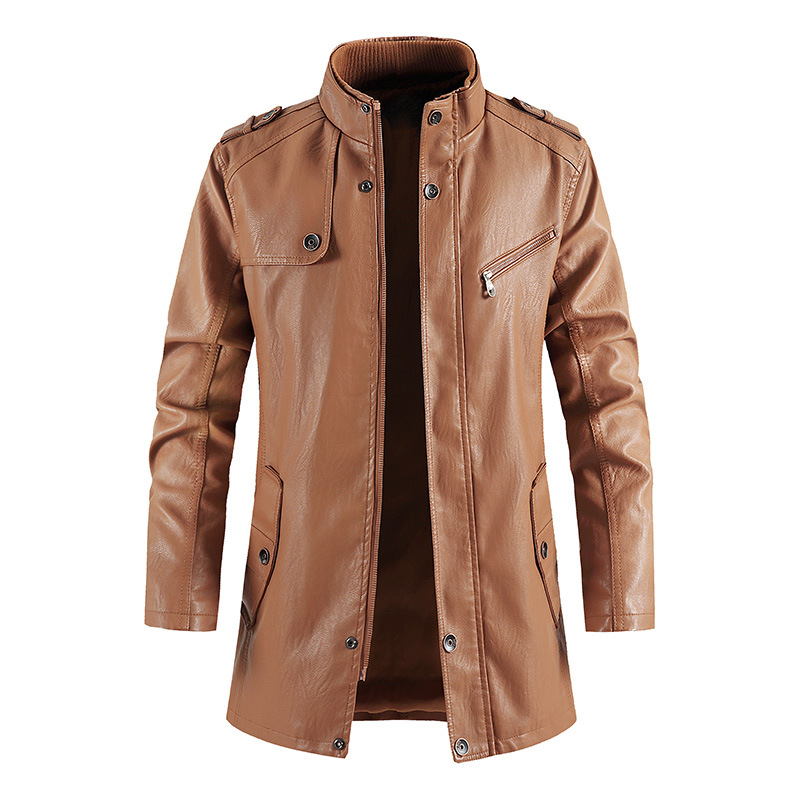 Men's Long Leather Foreign Trade New Korean Style Youth Plus Size PU Leather Coat Plus Size Coat Men