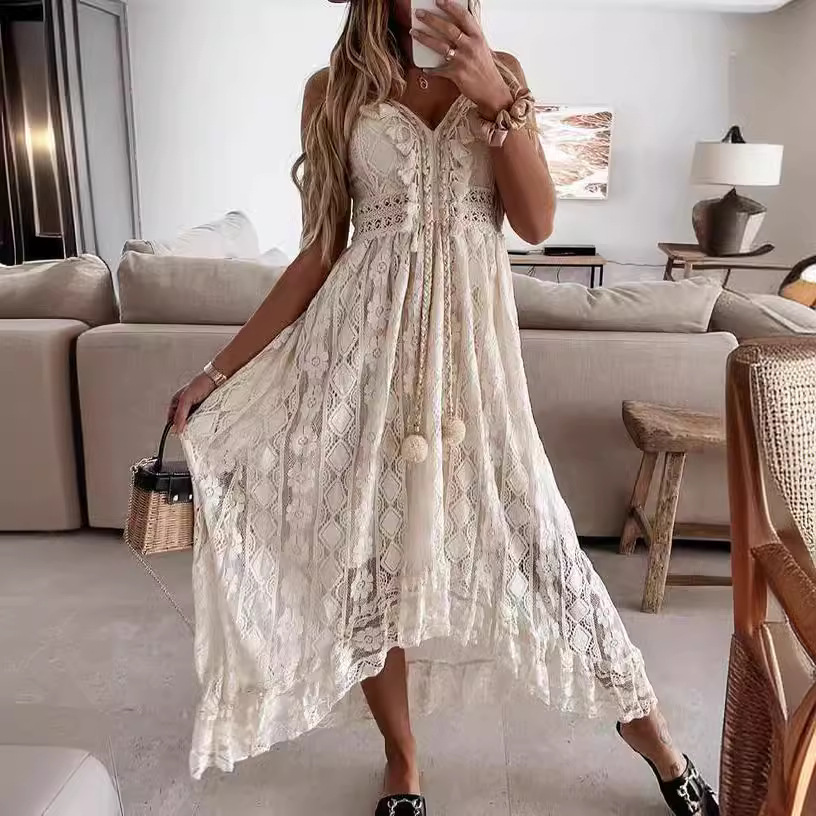 2025 Summer New European And American Style Lace Strap Maxi Solid Color Dress