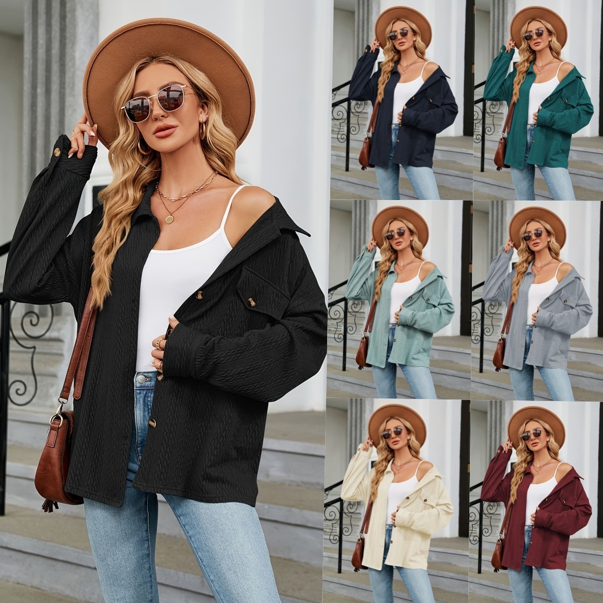 Women's French Tweed Jacket  Fall  Winter Casual Solid Color Button Pocket Coat