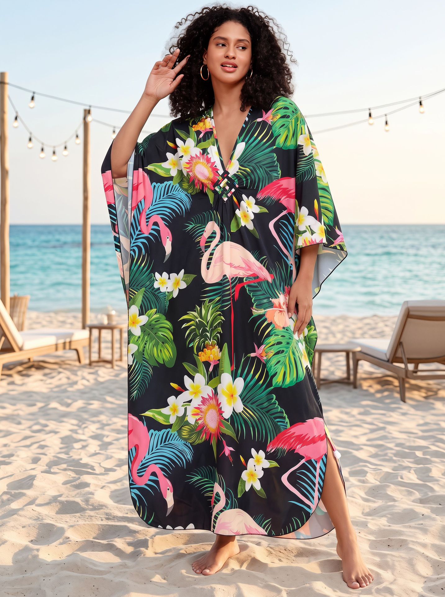Flamingo Printing Beach Cover-up With Woven Front Plus-size Kaftan For Women
