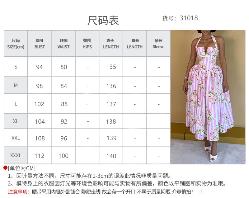 Floral halter-neck full-skirt dress size chart with bust, waist and length measurements for S to 3XL